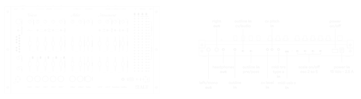 Diagram of ALT: front panel (voices, alter, movement) and back panel connections
