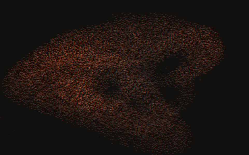 dust — a flock of particles: notes trigger eruptions, the bass pumps gravity.